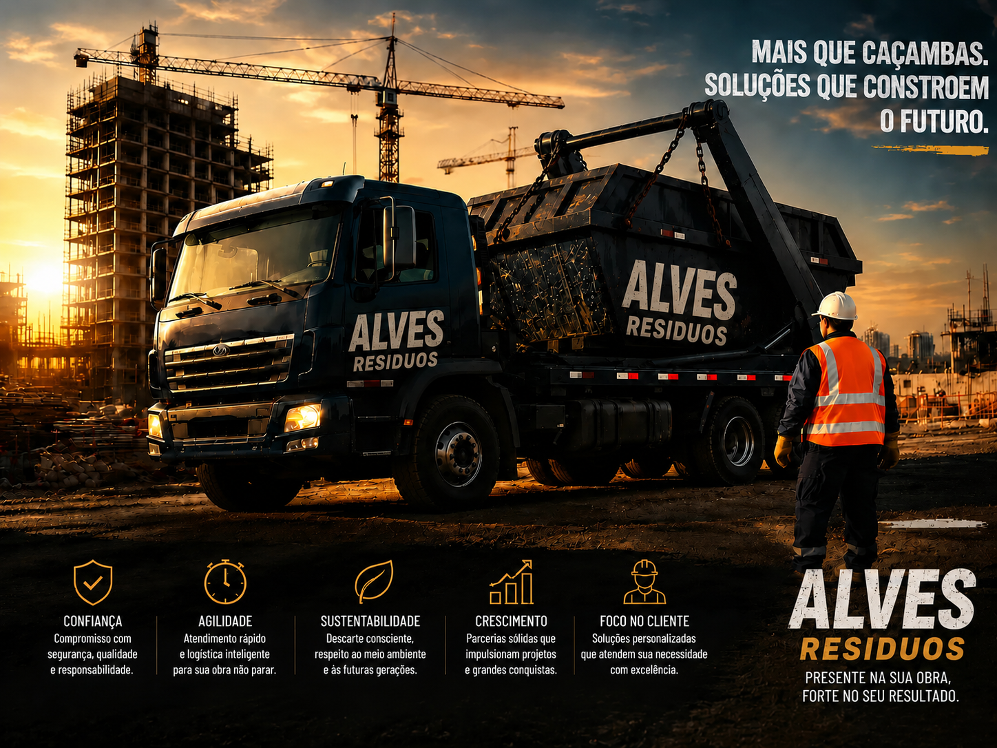 Caminhão Alves Transportes de Resíduos em obra - Locação de Caçambas com Atendimento Rápido